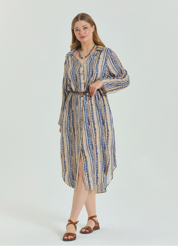 Patterned Shirt Collar Belt Detailed Beige Long Sleeve Plus Size Dress 4611